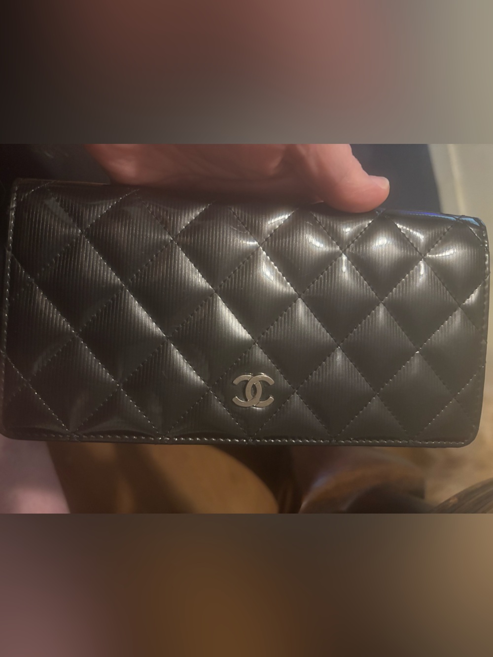 Authentic CHANEL Black Quilted Leather Wallet with Silver CC Emblem